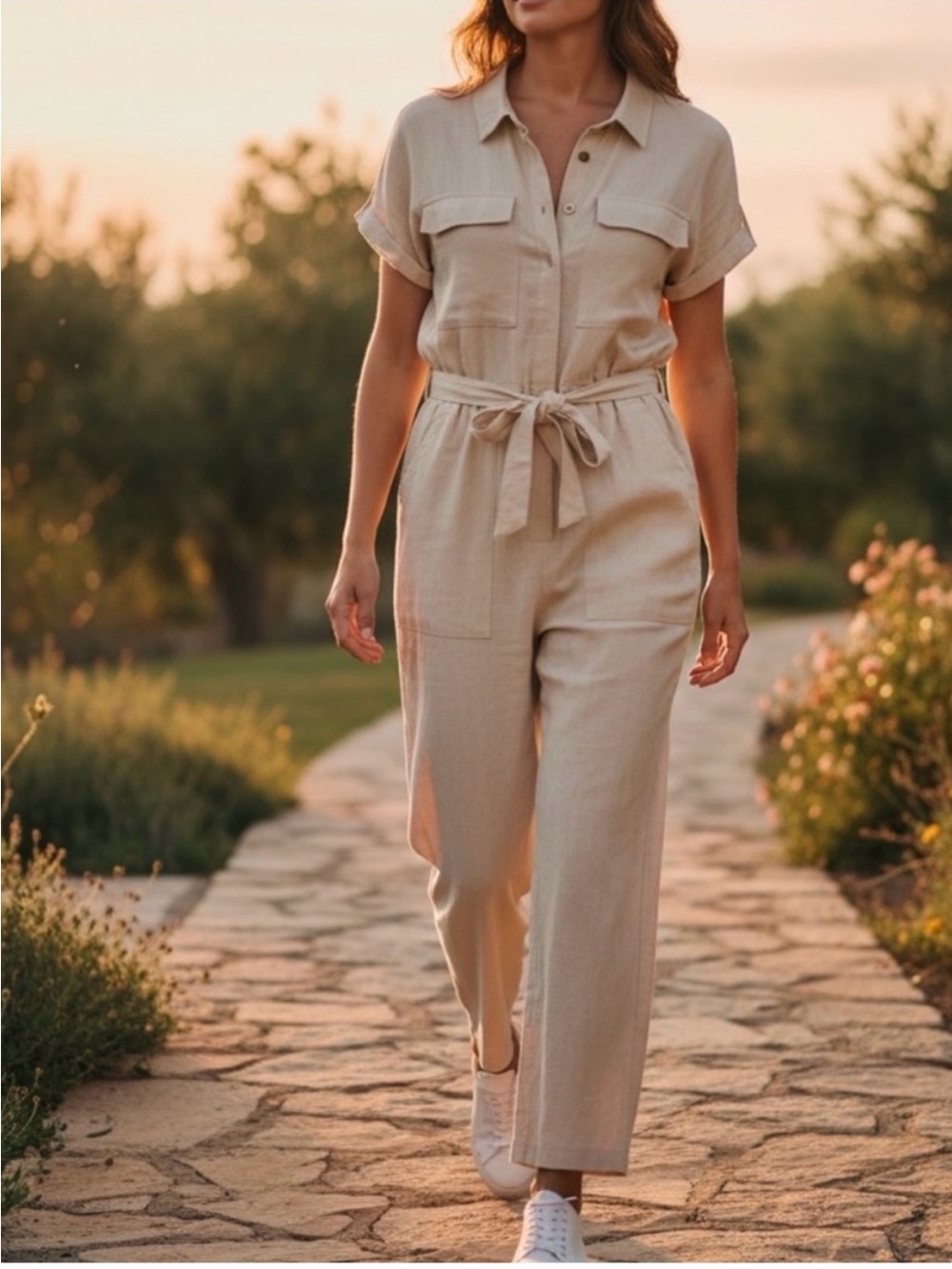 Universal Thread Cream Short-Sleeve Utility Jumpsuit with Tie Belt